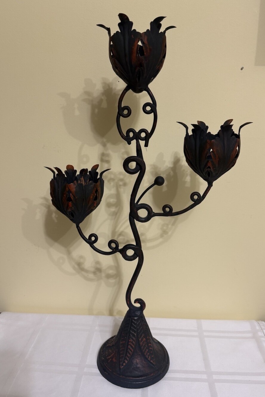 Vintage Gothic Wrought Iron Candelabra 3-Arm Large Halloween Centerpiece 24”